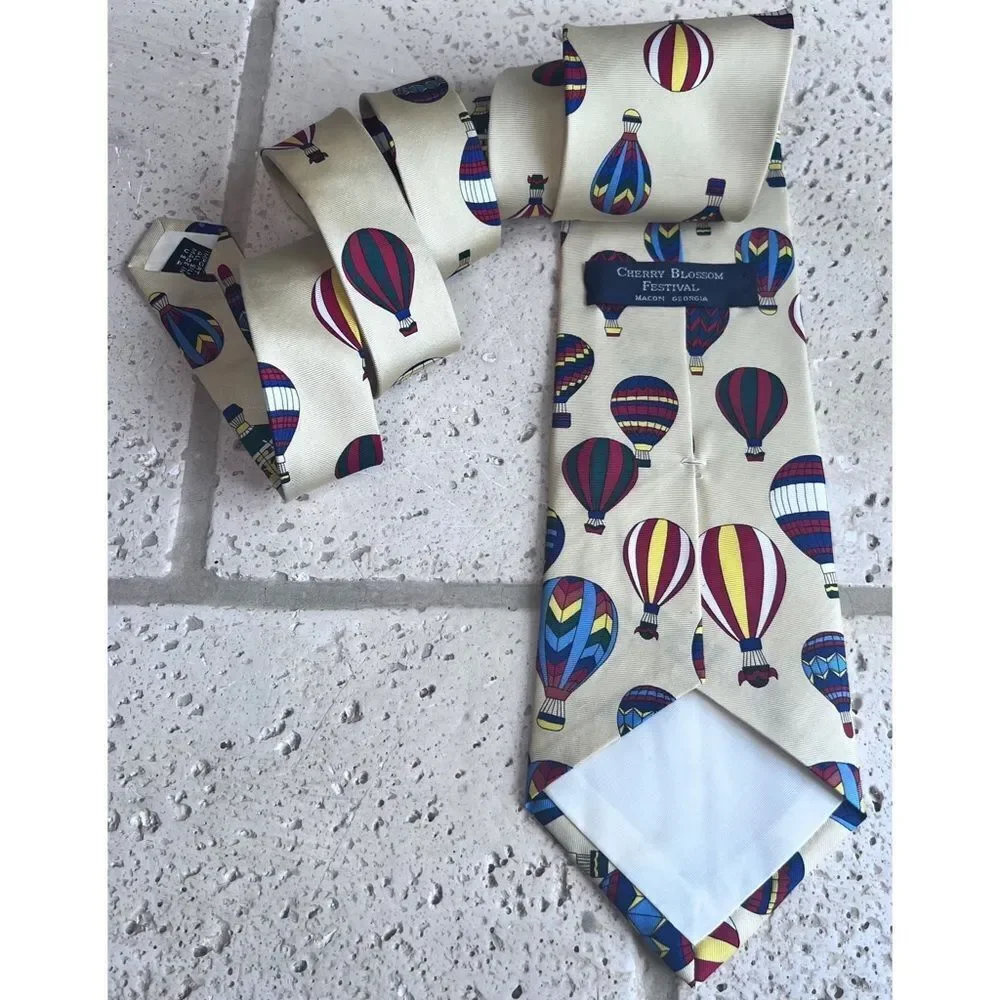 Cherry Blossom Festival Hot Air Balloon Silk Neck Tie Yellow Blue Red